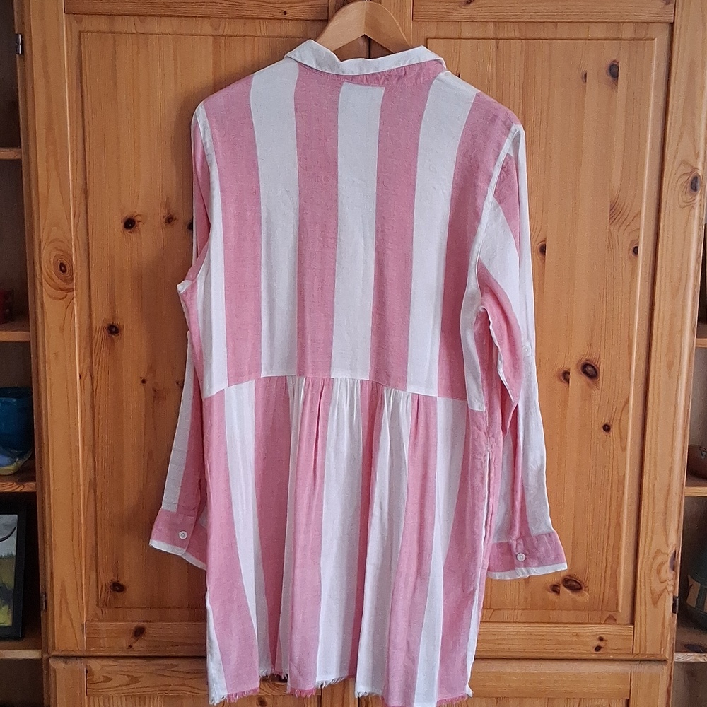 Tommy Bahama Pink White Stripe Linen Blend Preppy Boyfriend Shirt Dress Size XL - Picture 7 of 10